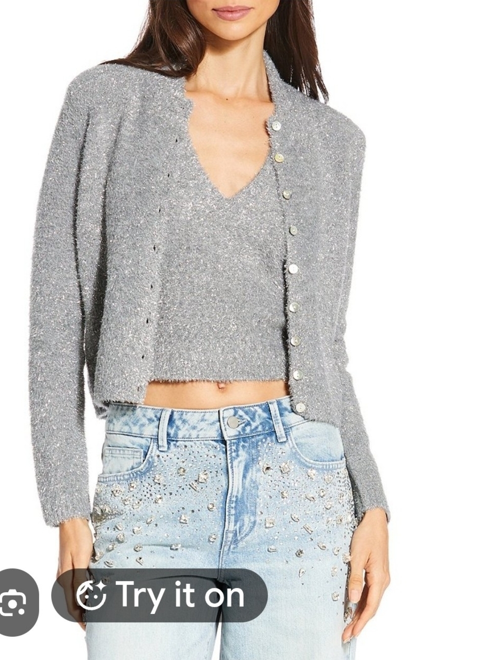 Gianni Bini Silver-Gray Sparkle Cardigan & V-Neck Tank Set